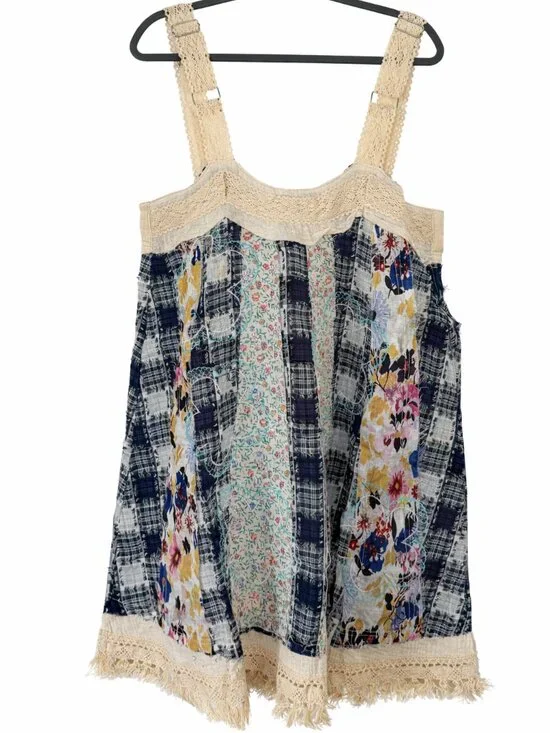 POL Overalls Style 70s Cotton Denim Boho Farm Girl Patchwork Lace Fringe Dress - Picture 3 of 10